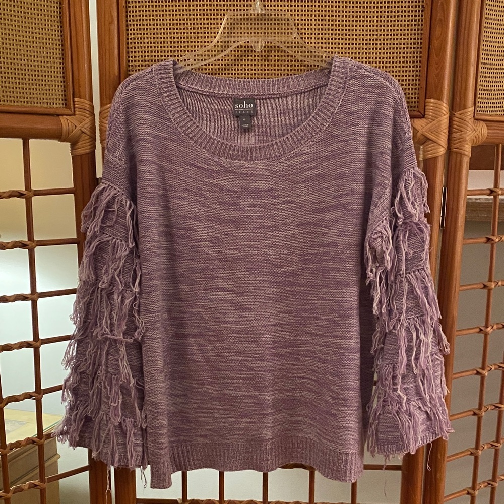 New York & Company Lavender Fringe Sleeve Crewneck Sweater